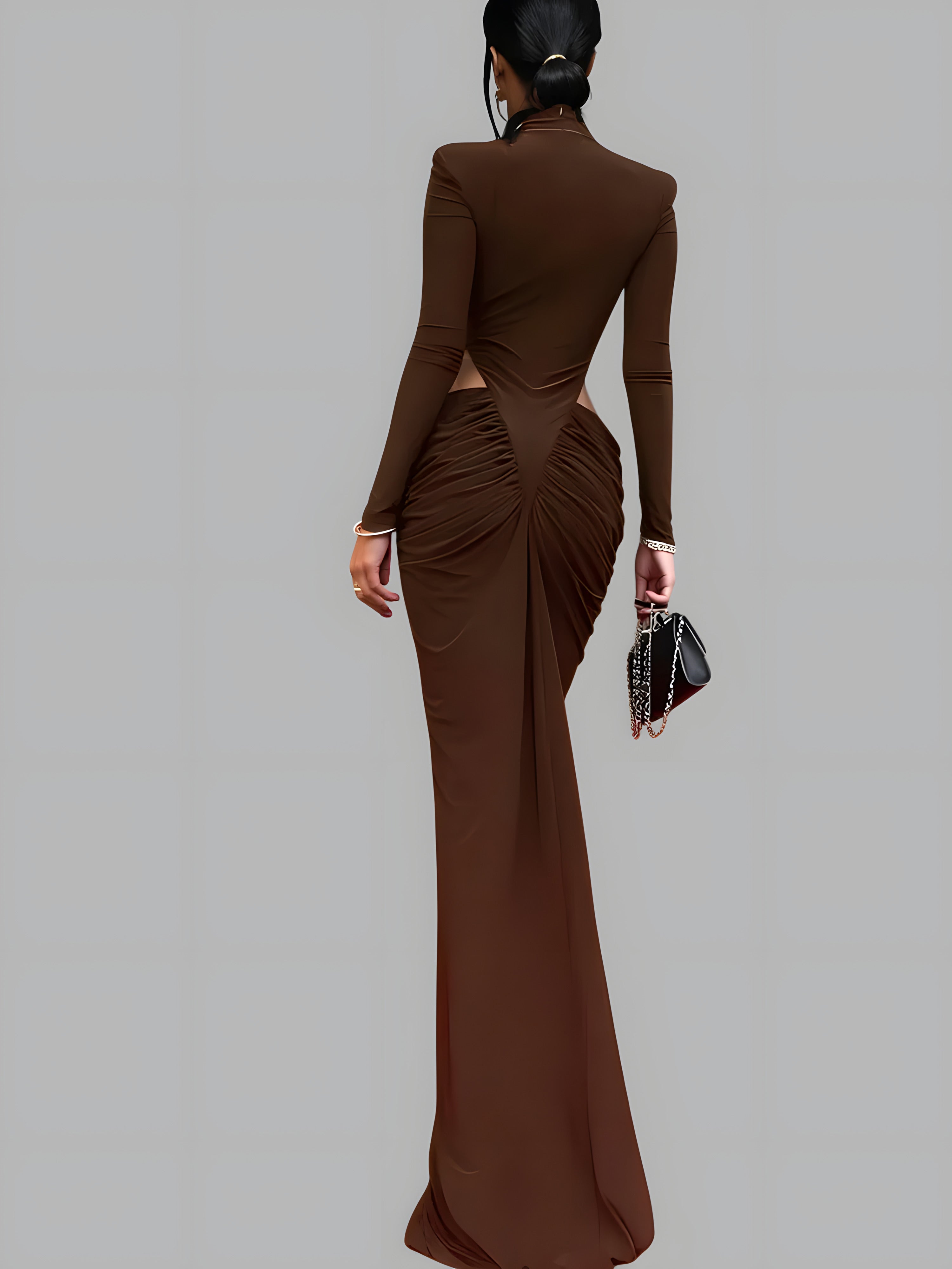 Turtleneck Hollow-Out Ruched Maxi Dress