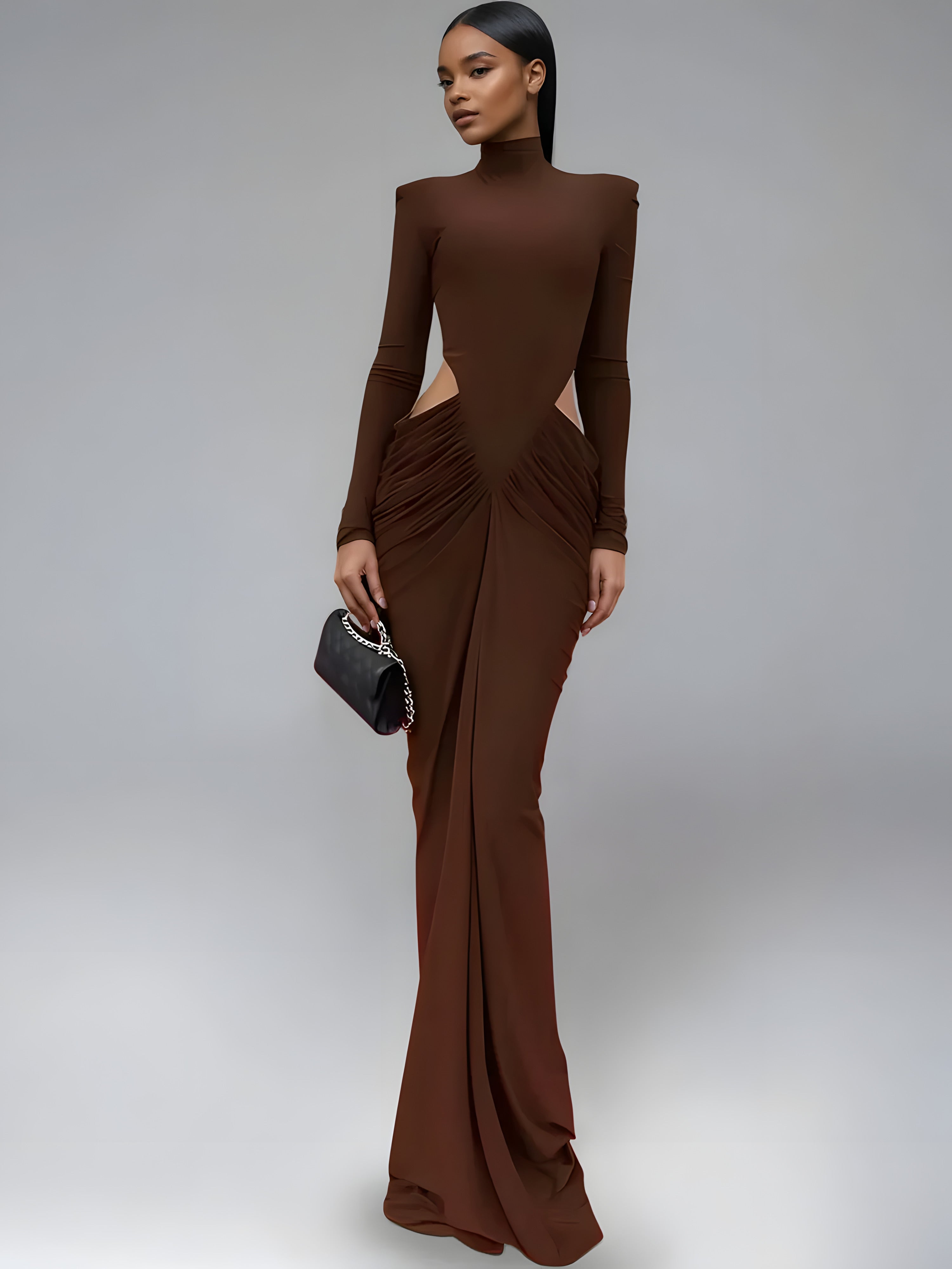 Turtleneck Hollow-Out Ruched Maxi Dress
