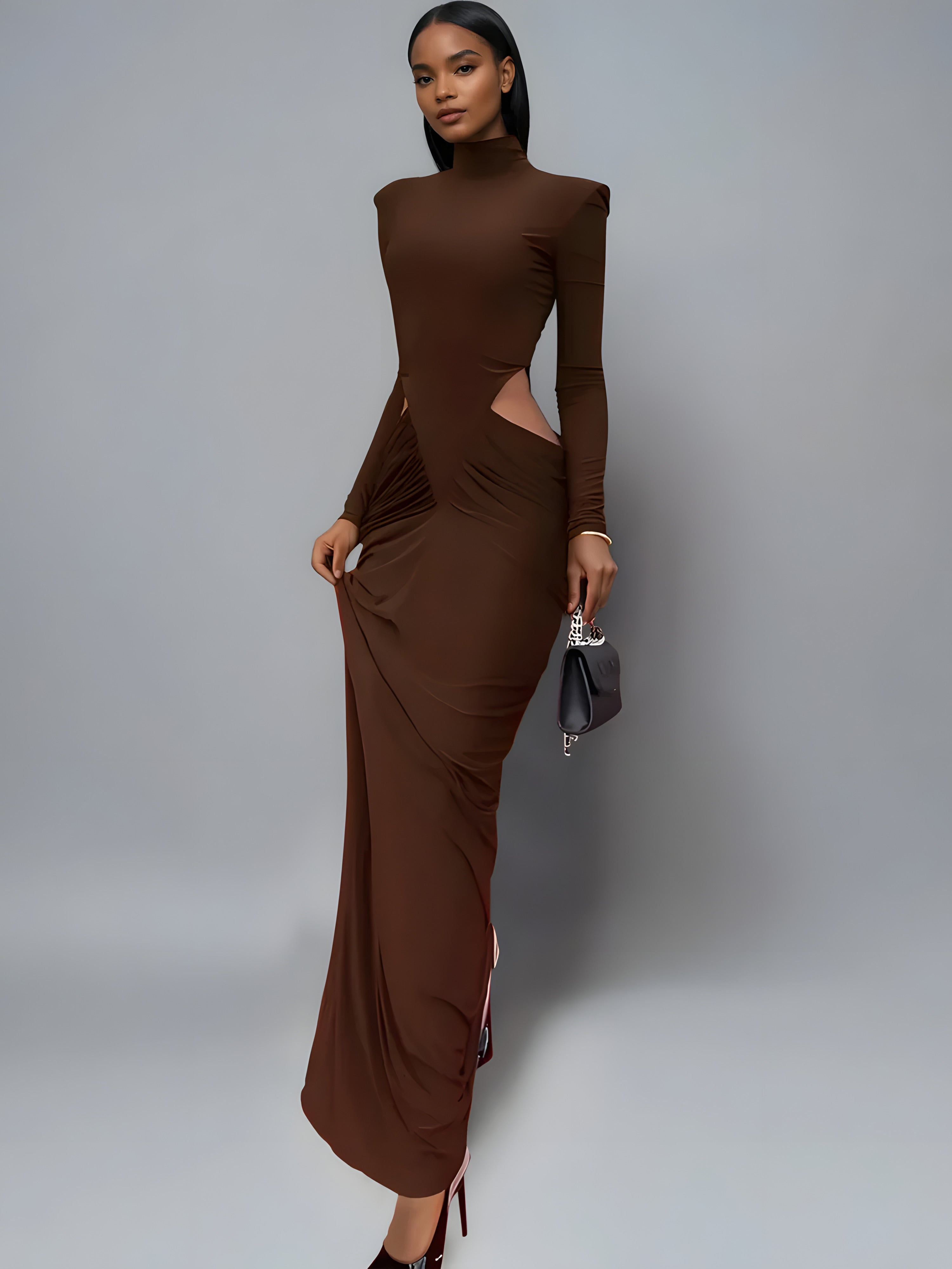 Turtleneck Hollow-Out Ruched Maxi Dress