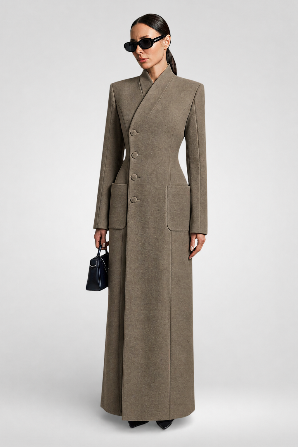 Elegant V-Neck Waist-Closed Slim Long Coat - khaki