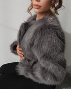 Veste courte d'hiver en fourrure pelucheuse pour femme – Manteau épais et décontracté avec poches et col rond