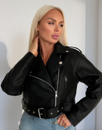 Veste motarde vintage en cuir vegan pour femme – Style moto oversize avec ceinture