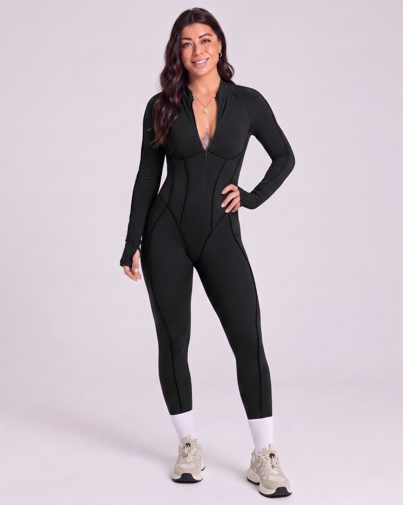 Sculpted Compression Zip-Up Jumpsuit - Black