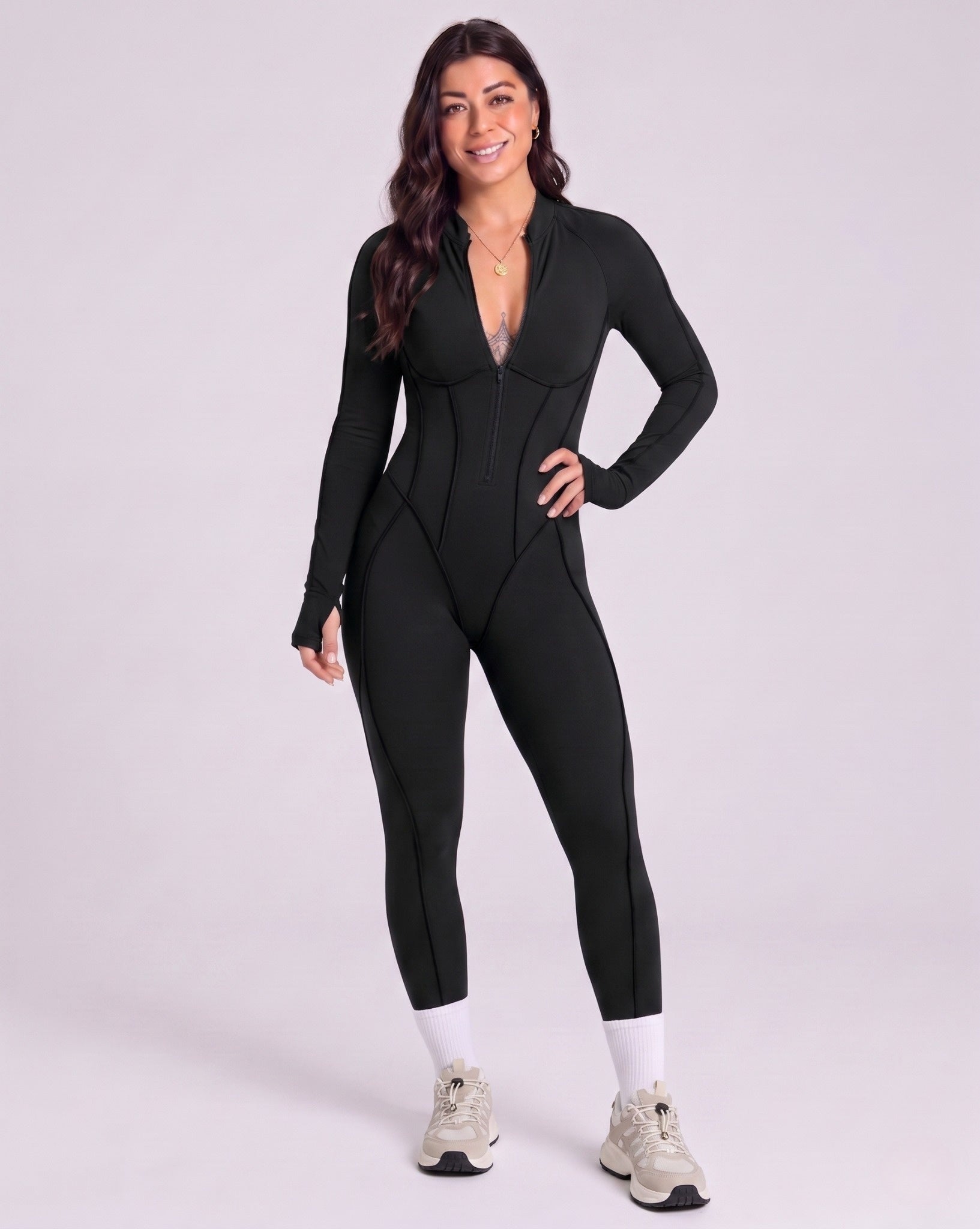 Sculpted Compression Zip-Up Jumpsuit - Black