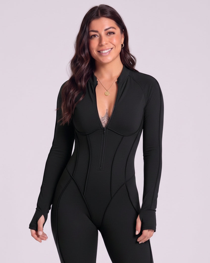 Sculpted Compression Zip-Up Jumpsuit - Black