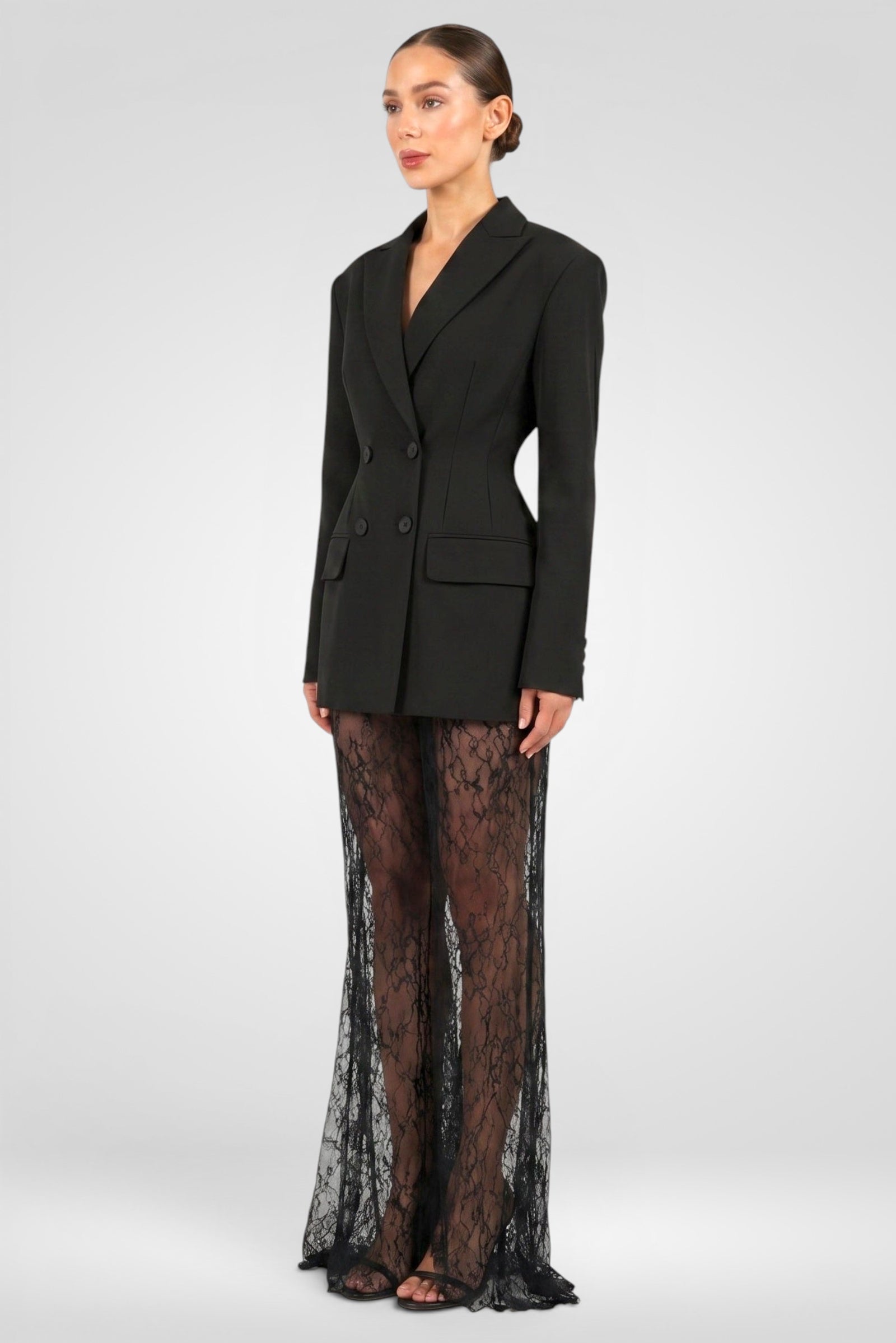 Double-Breasted Blazer & Sheer Skirt Set