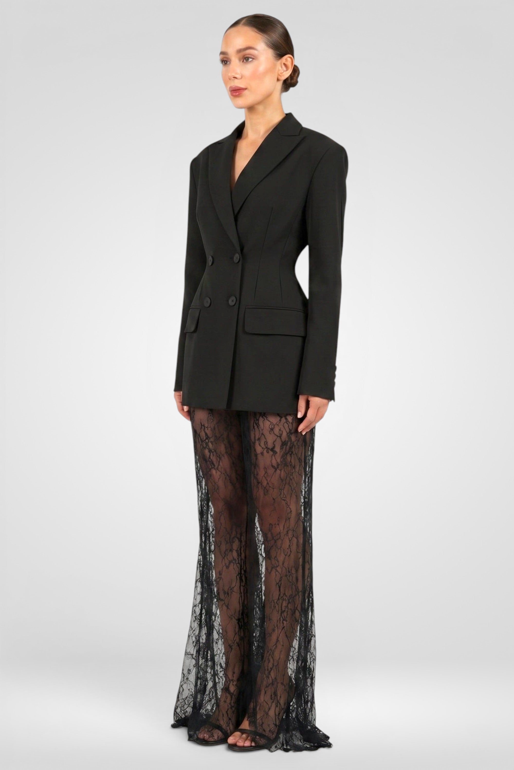 Double-Breasted Blazer & Sheer Skirt Set
