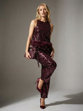Women's Sequin Two-Piece Set with Feather Trim – Elegant High-Waist Evening Suit