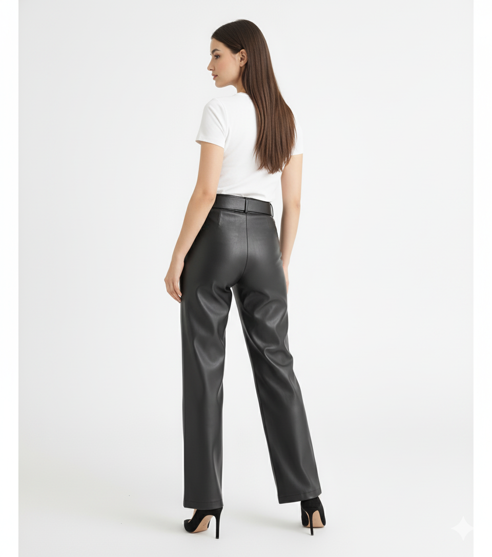 Wide-Leg Leather Pants -Black