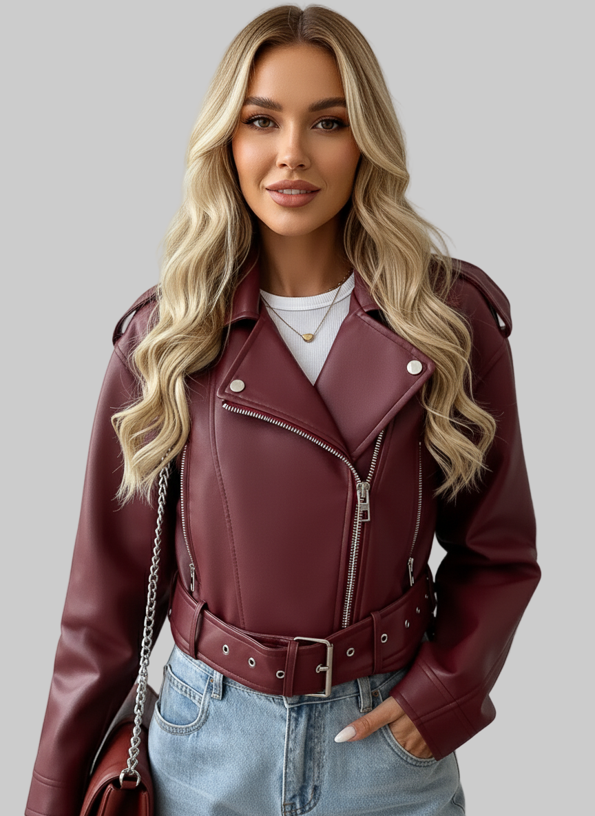 Chaqueta de motociclista de cuero para mujer con cinturón – Abrigo corto informal burdeos