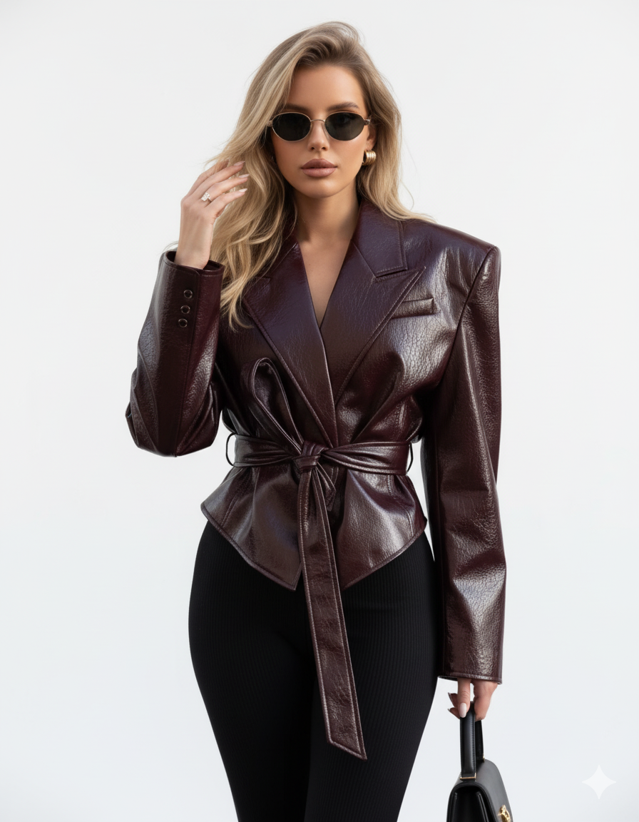 Belted Cropped PU leather Jacket