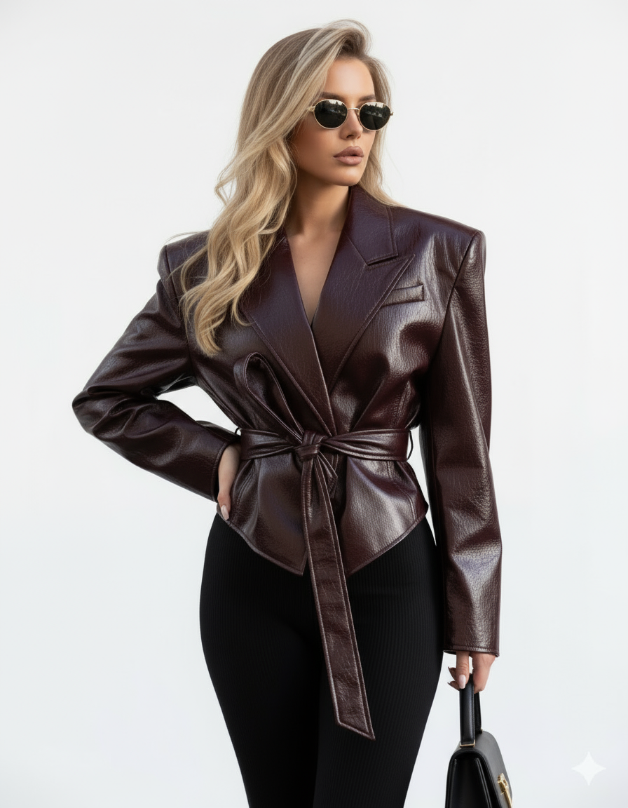 Belted Cropped PU leather Jacket
