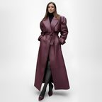Plum Gloss Belted Trench Coat – Luxe PU Leather Longline Statement Outerwear