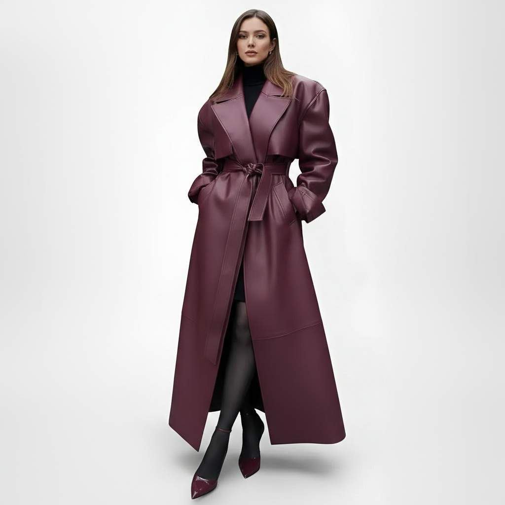 Plum Gloss Belted Trench Coat – Luxe PU Leather Longline Statement Outerwear