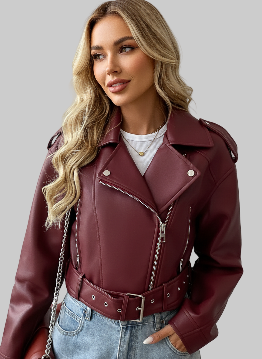 Veste de moto en cuir pour femme avec ceinture – Manteau court décontracté bordeaux