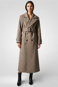 Double-Breasted Woolen Maxi Coat – Belted Lapel Long Overcoat