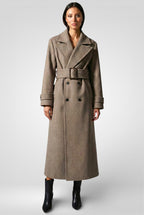 Double-Breasted Woolen Maxi Coat – Belted Lapel Long Overcoat