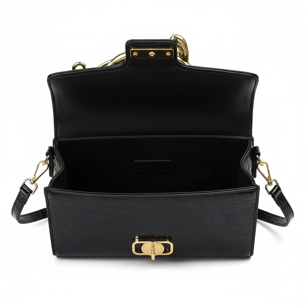 Luxuriöse Tasche mit Krokodilprägung und goldenem Panthergriff