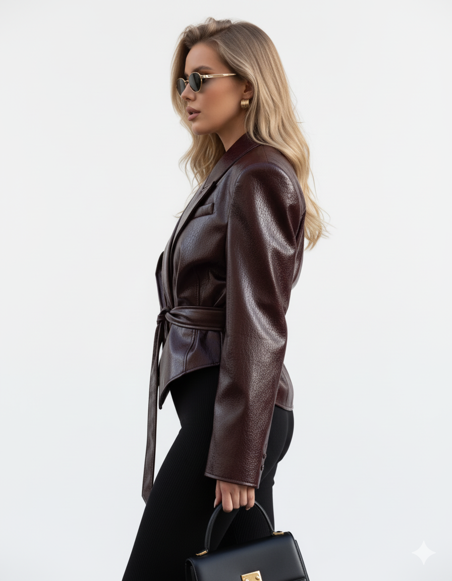 Belted Cropped PU leather Jacket