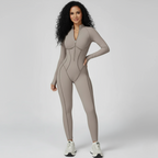 Sculpted Compression Zip-Up Jumpsuit -Beige