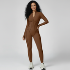 Sculpted Compression Zip-Up Jumpsuit -Brown