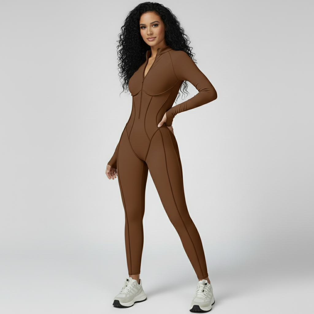 Sculpted Compression Zip-Up Jumpsuit -Brown
