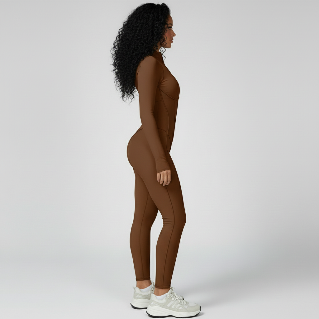 Sculpted Compression Zip-Up Jumpsuit -Brown
