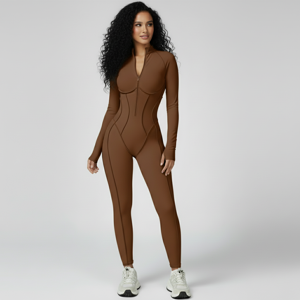 Sculpted Compression Zip-Up Jumpsuit -Brown