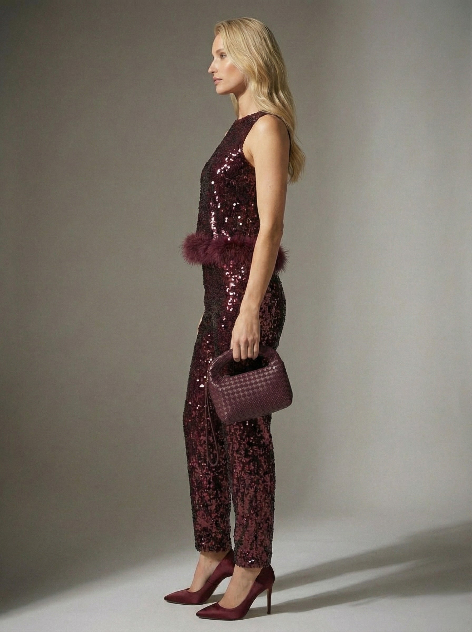 Women's Sequin Two-Piece Set with Feather Trim – Elegant High-Waist Evening Suit