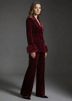 Elegant Velvet Blazer & Wide-Leg Pants Set with Fur Trim