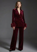 Elegant Velvet Blazer & Wide-Leg Pants Set with Fur Trim