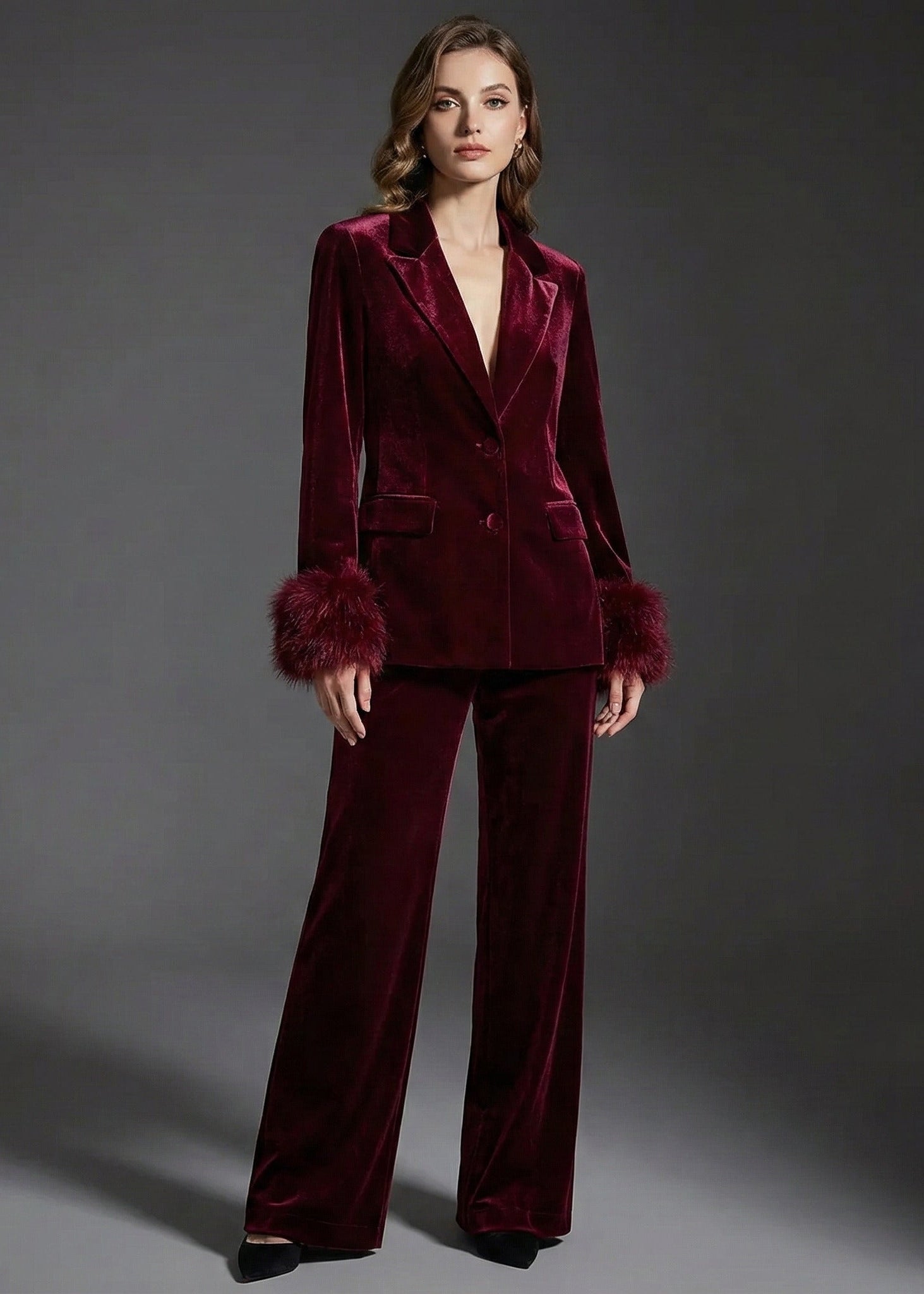 Elegant Velvet Blazer & Wide-Leg Pants Set with Fur Trim