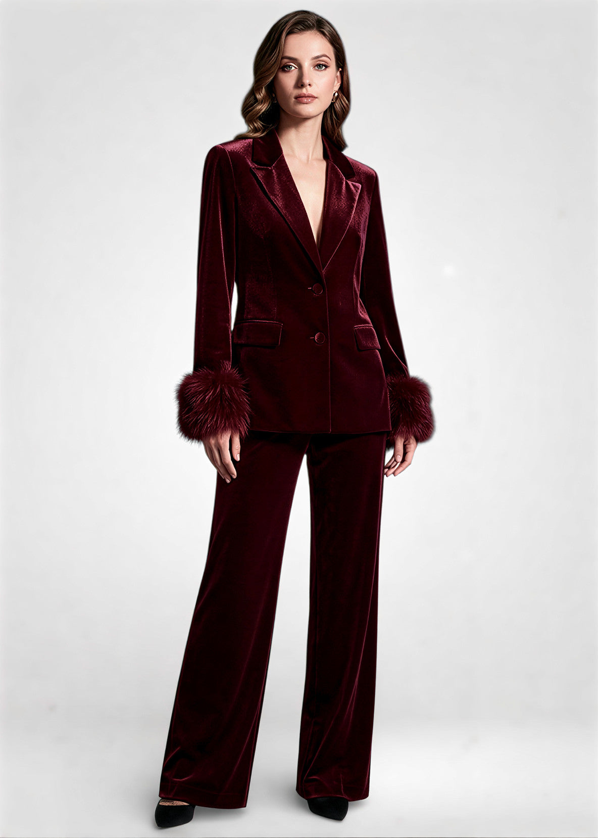 Elegant Velvet Blazer & Wide-Leg Pants Set with Fur Trim