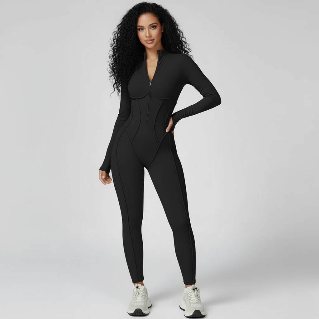Sculpted Compression Zip-Up Jumpsuit -Black