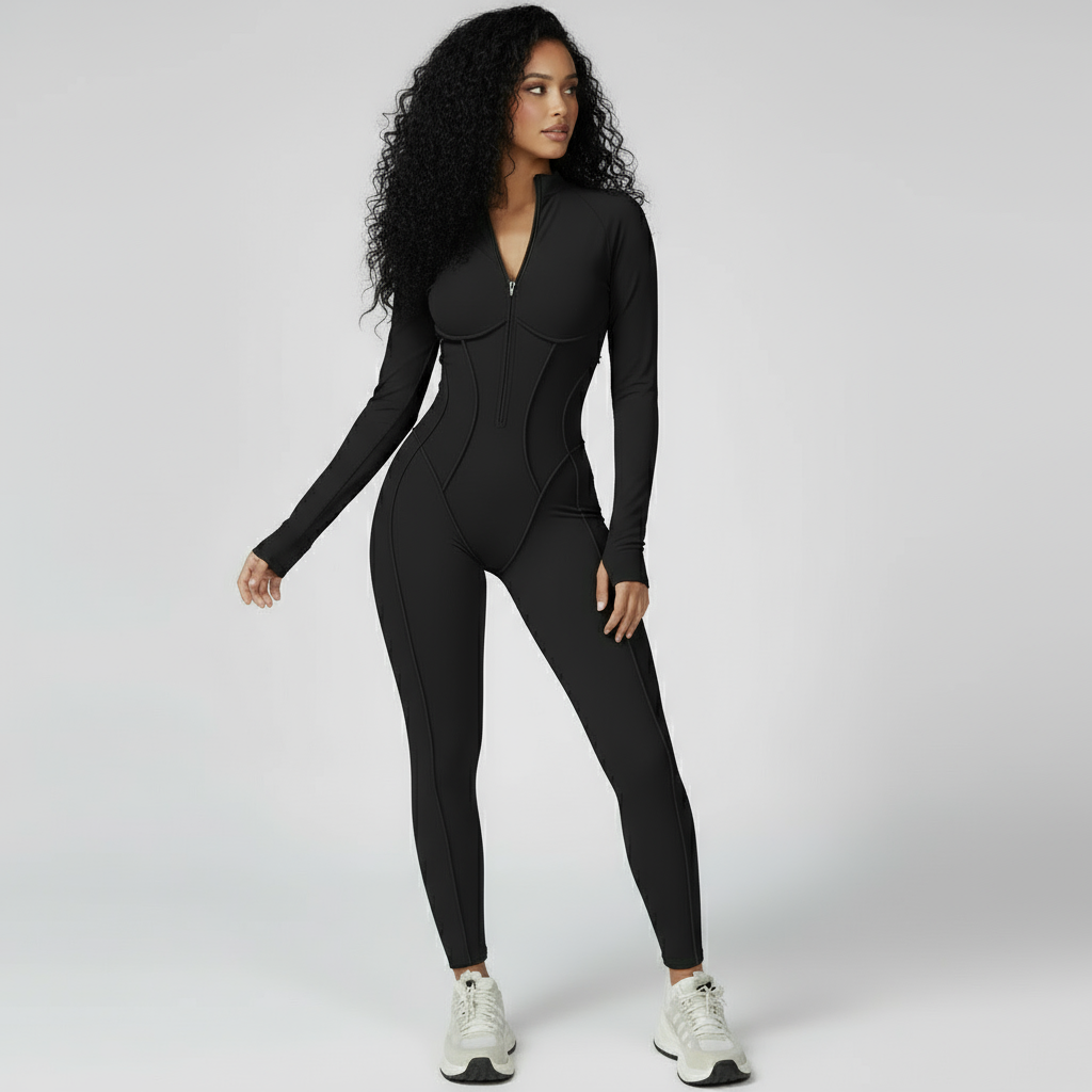 Sculpted Compression Zip-Up Jumpsuit -Black