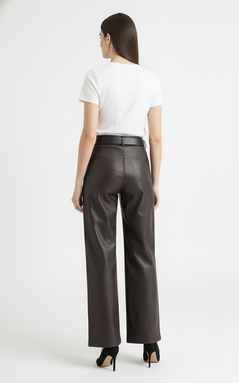 Wide-Leg Leather Pants -Brown