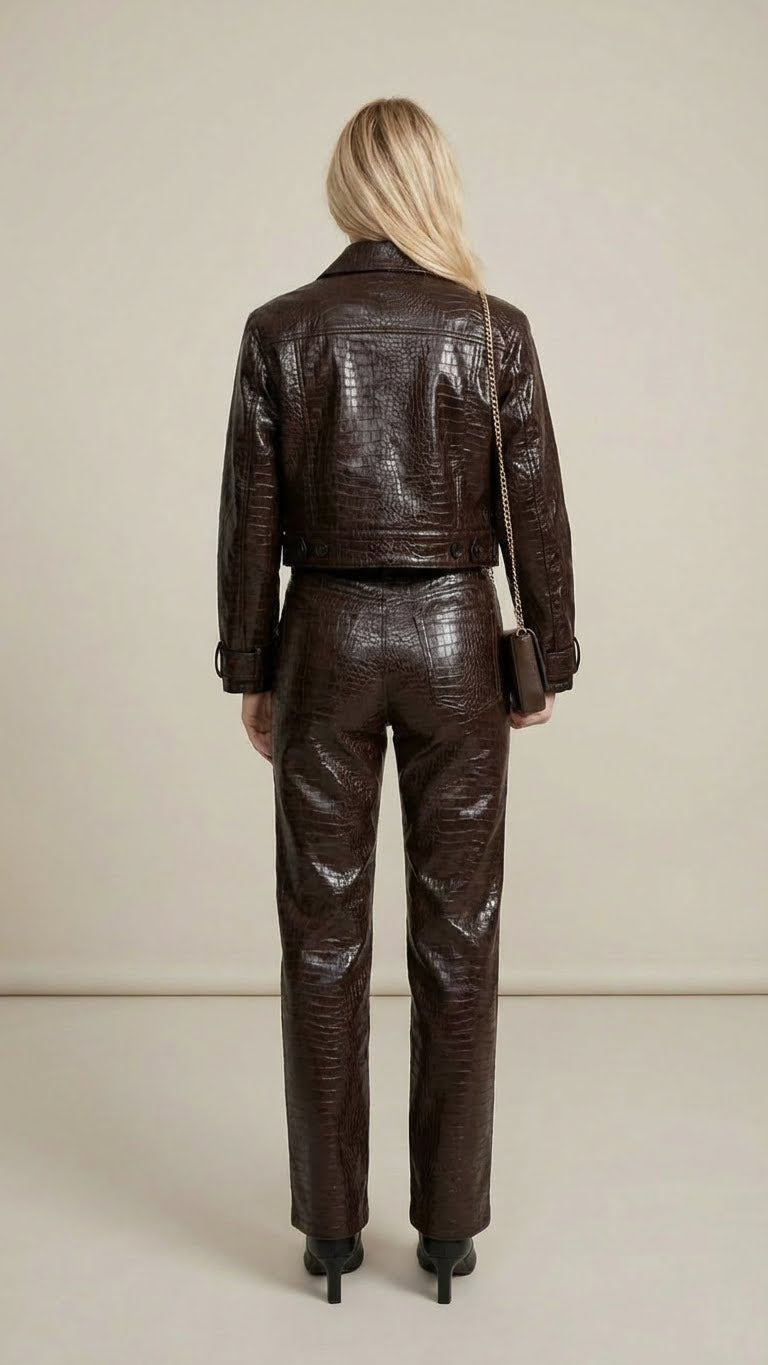 Glossy Croc-Effect Jacket & High-Waist Pants Set