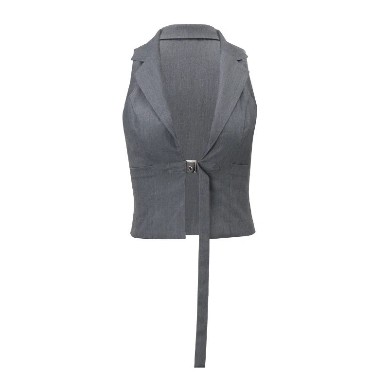 Tailored Halter Crop Top – Deep V with Belt Detail