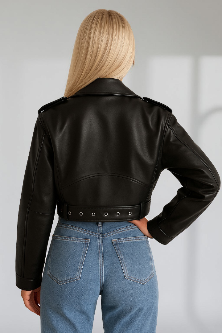 Veste motarde vintage en cuir vegan pour femme – Style moto oversize avec ceinture