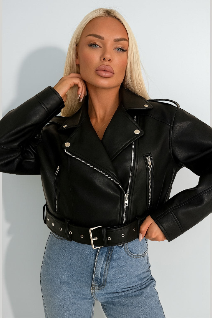 Women's Vintage Vegan Leather Biker Jacket – Oversized Belted Moto Style