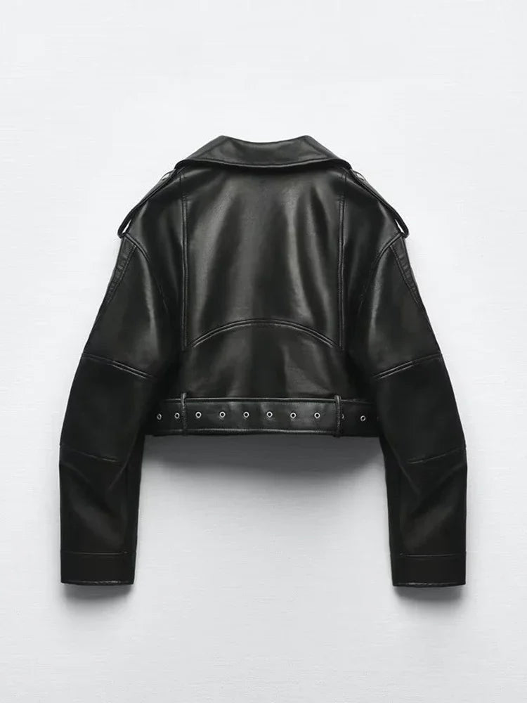 Veste motarde vintage en cuir vegan pour femme – Style moto oversize avec ceinture