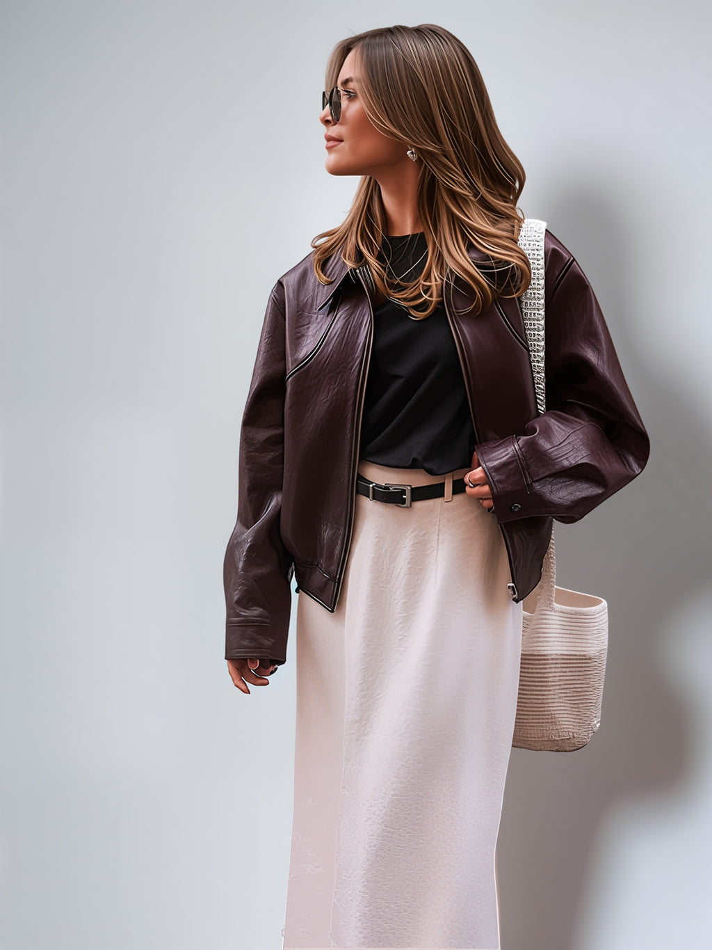 Weinrote Kunstlederjacke – Minimalistische Oberbekleidung mit Reißverschluss