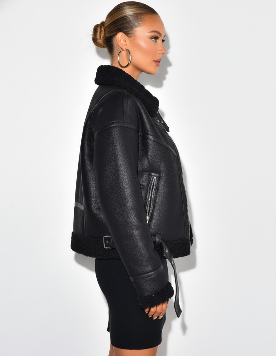 Bikerjacke aus PU-Leder – Gürtelpassform mit Lammfellfutter