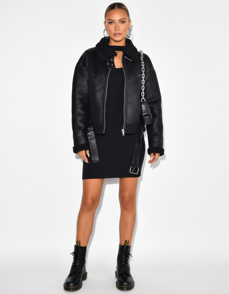 Motorkářská bunda z umělé kůže – střih s páskem a podšívkou z ovčí kůže