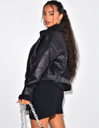 Veste de motard en cuir synthétique – Coupe ceinturée avec doublure en peau lainée
