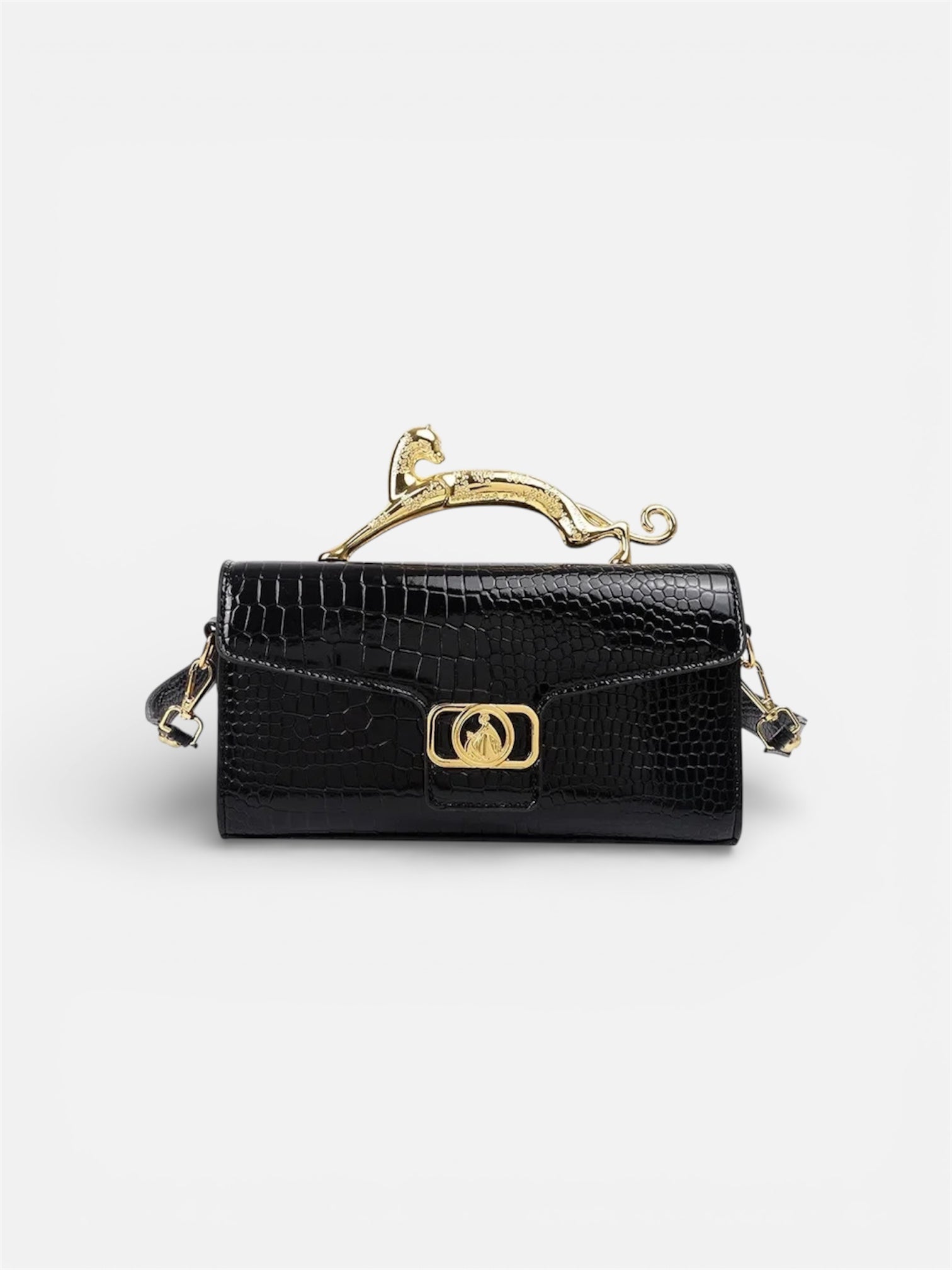 Croc-Embossed Luxe Bag with Golden Panther Handle