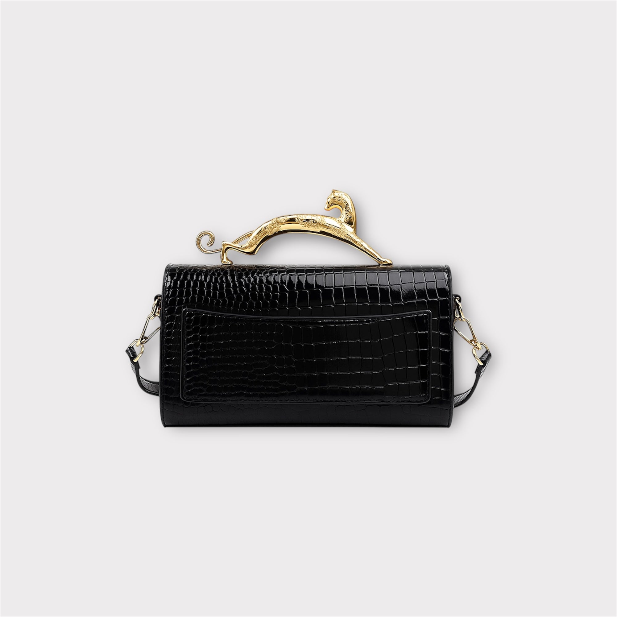 Croc-Embossed Luxe Bag with Golden Panther Handle