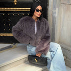 Dámská zimní plyšová kožešinová krátká bunda – silné ležérní svrchní oblečení s kapsami, výstřih do O