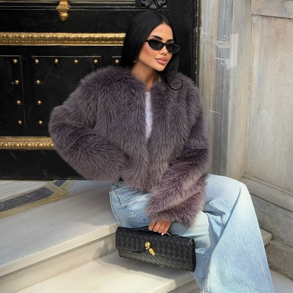 Dámská zimní plyšová kožešinová krátká bunda – silné ležérní svrchní oblečení s kapsami, výstřih do O