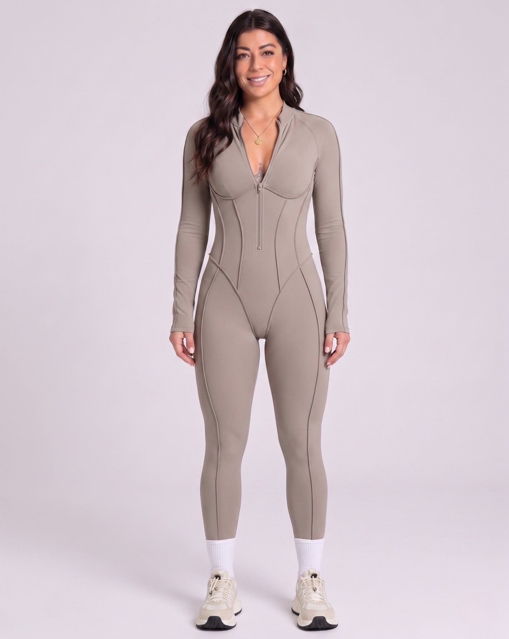 Sculpted Compression Zip-Up Jumpsuit - Beige